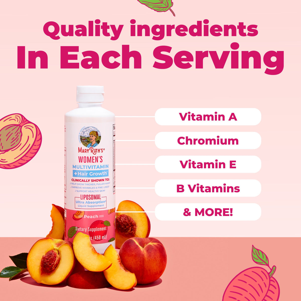 MaryRuth’s Women's Multivitamin + Hair Growth Liposomal — Peach, 15 fl oz — ingredients