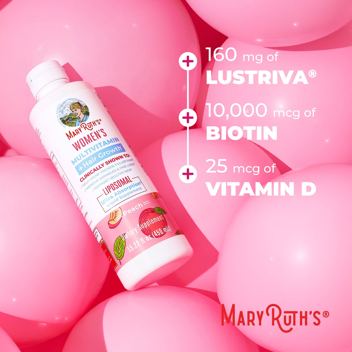 MaryRuth’s Women's Multivitamin + Hair Growth Liposomal — Peach, 15 fl oz — ingredients