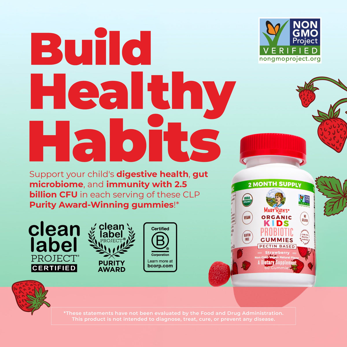 MaryRuth’s Organic Kids Probiotic Gummies — Strawberry, 60 Gummies — product information